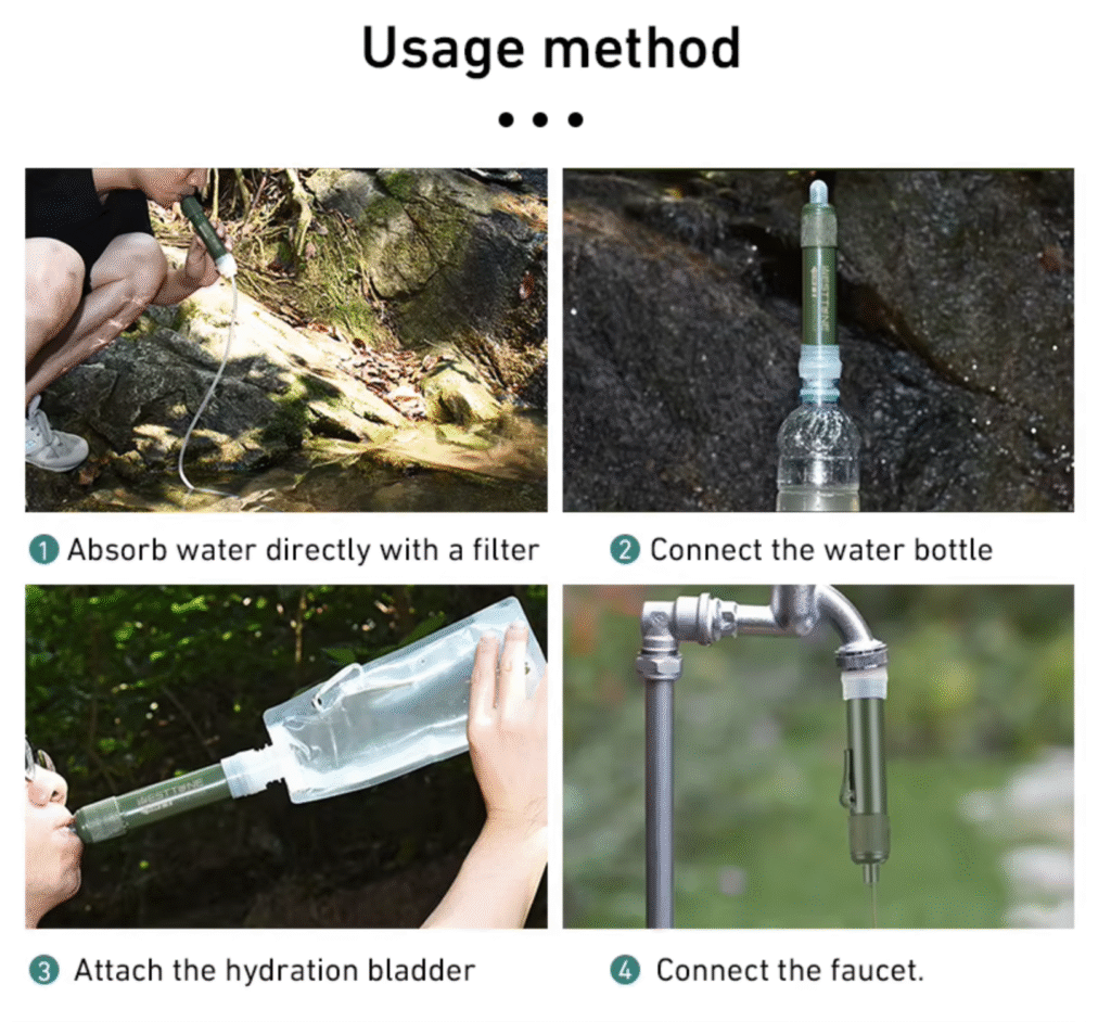 Purificador de agua portátil Tranquiwave con múltiples opciones de uso: pajita, botella, grifo o bolsa de hidratación