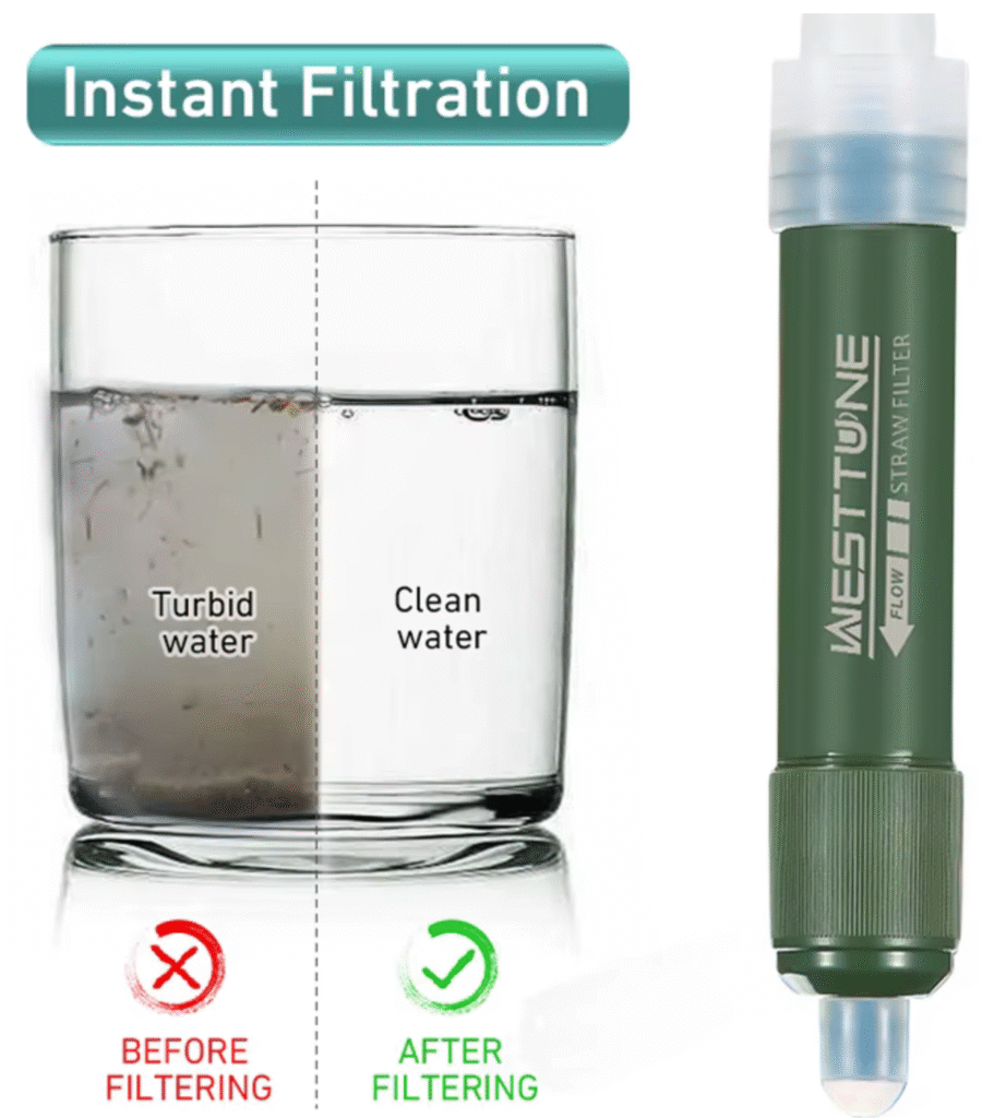 Purificador de agua portátil Tranquiwave filtrando un vaso de agua turbia y convirtiéndola en agua potable limpia